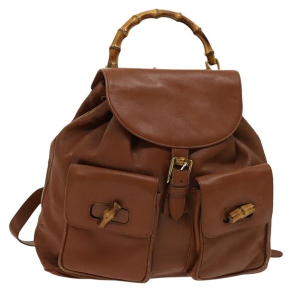 GUCCI Bamboo Backpack Leather Brown Gold Auth - Picture 1 of 16
